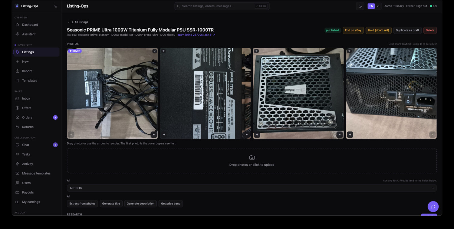 A real listing inside Listing-Ops: photos, AI extraction, price band, eBay publish state